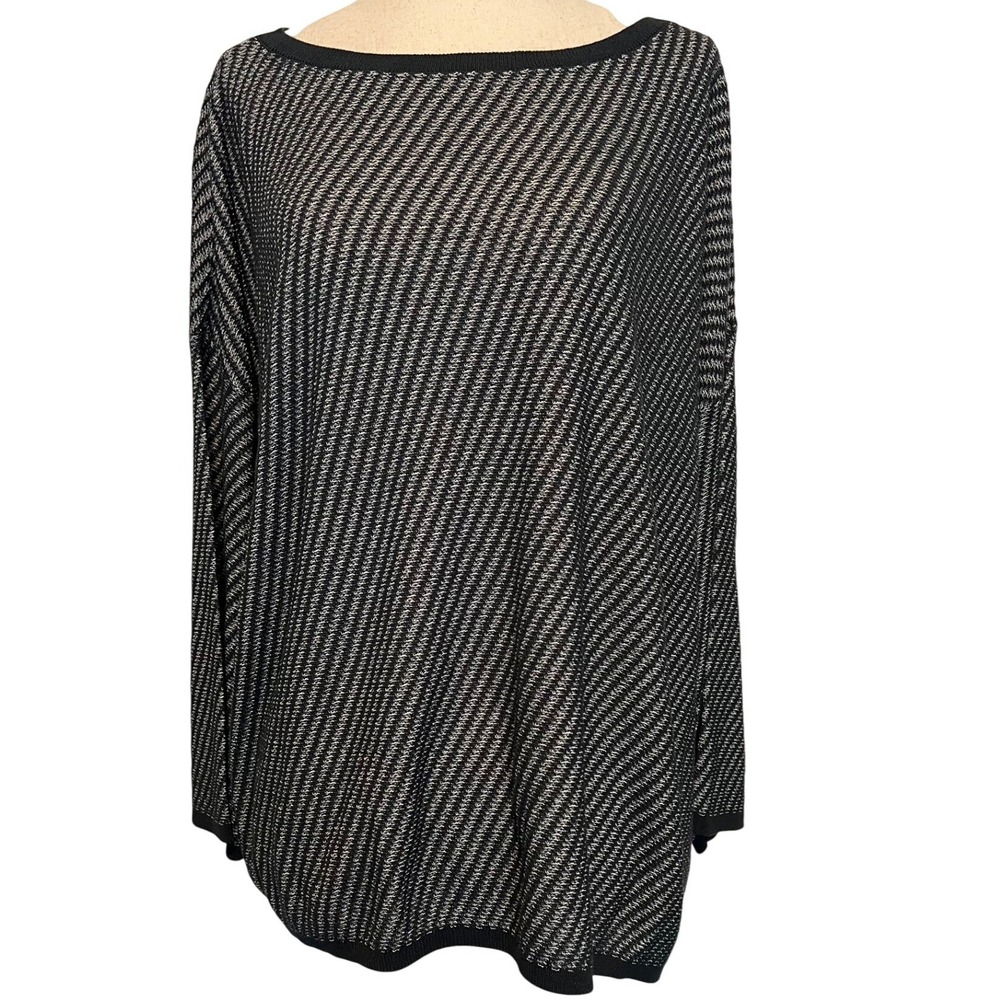 Eileen Fisher Womens L Striped Boxy Sweater Gray White Knit Boatneck Lightweight
